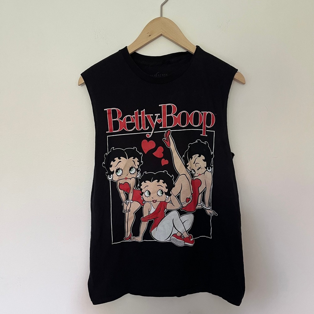 Fleischer Studios Betty Boop Graphic Muscle Tank Top Black Small Retro Cartoon